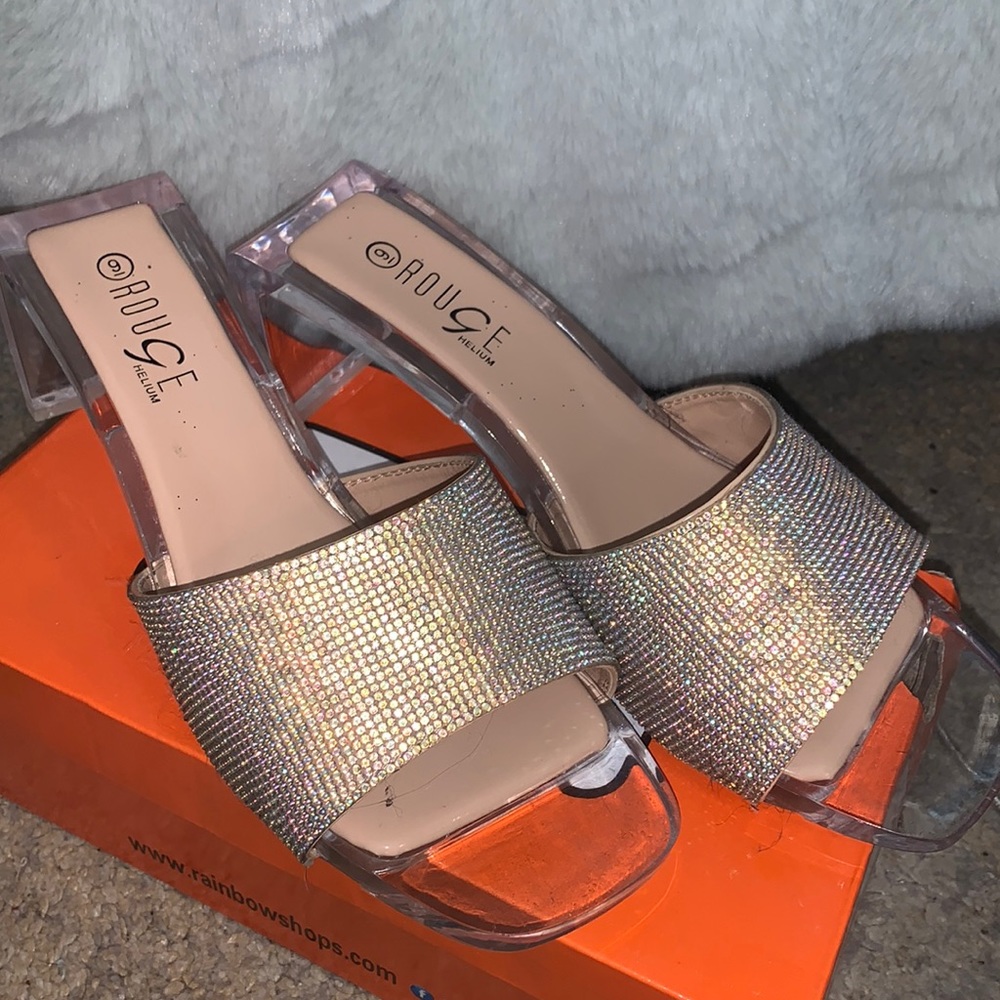 Rainbow nude sparkly slip on clear heels